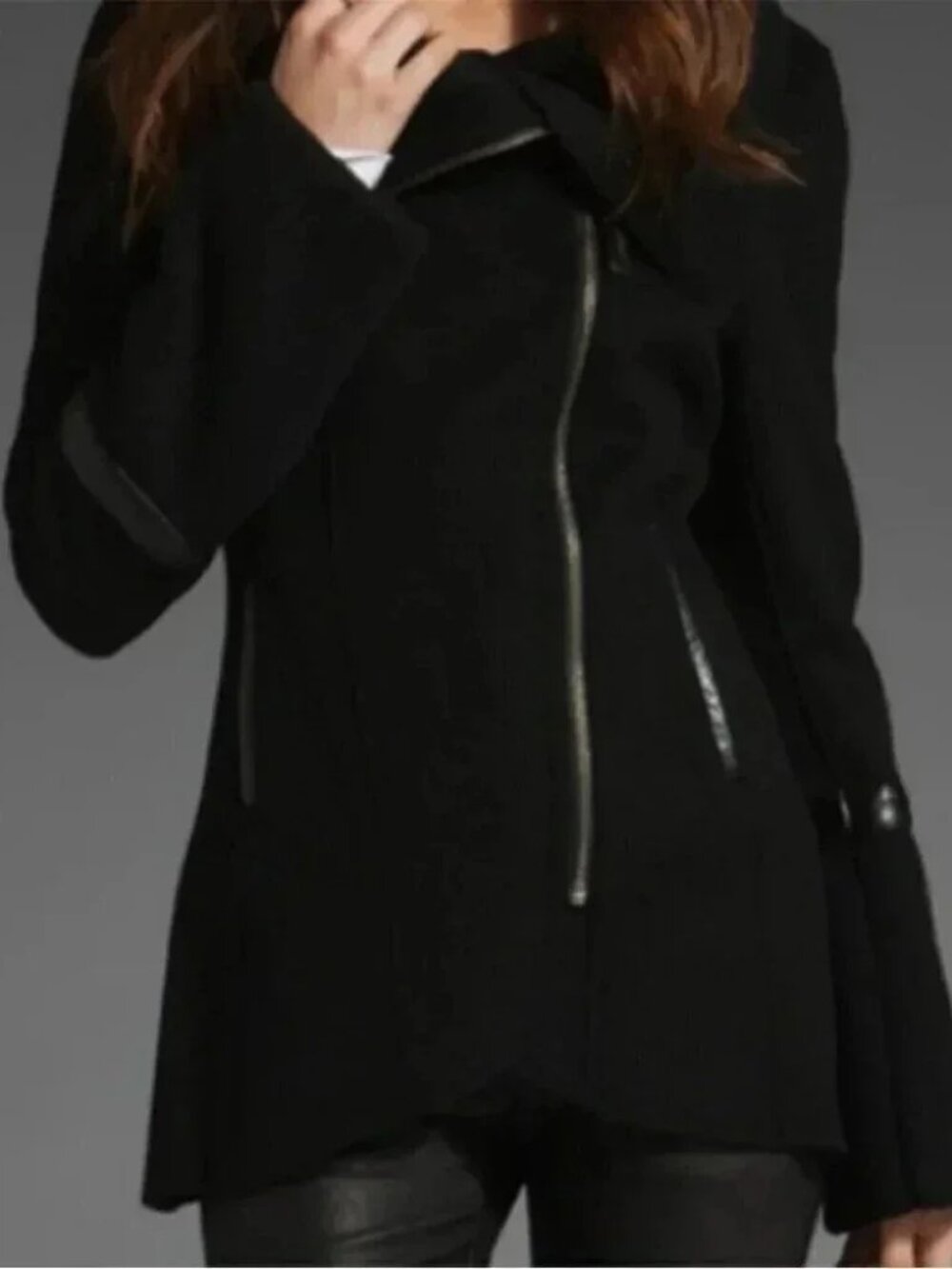 MACKAGE ISABEL WOOL SHORT PEACOAT WITH LEATHER SIZE XS - EXCELLENT CONDITION